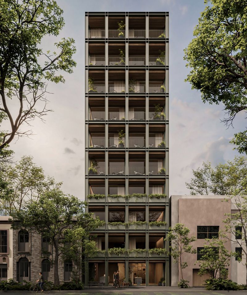 Fachada de Chapultepec: la estructura de acero queda expuesta, con vegetación en cada nivel